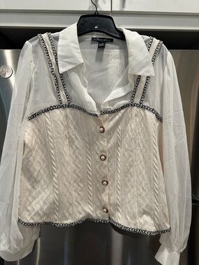 Ivory Layered Knit Bustier Blouse with Sheer White Shirt